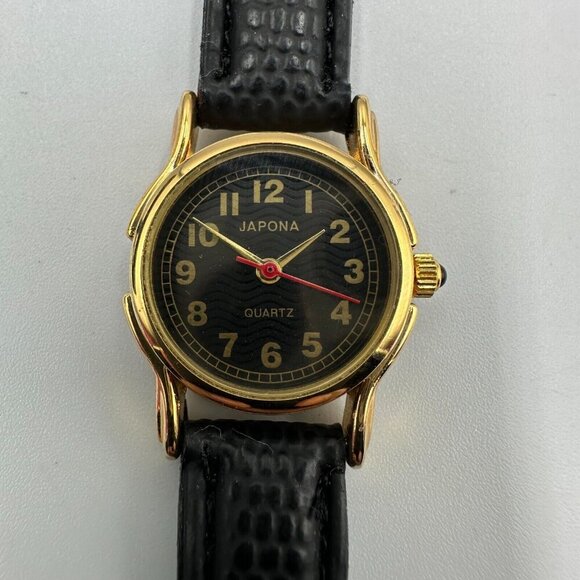 3/$30 Japona Watch Women Gold Tone Black Dial Embossed Leather Band  7.5" - Picture 3 of 15